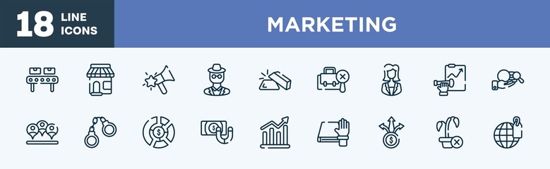 set of marketing icons in outline style. marketing thin line icons collection. manufacture, convenience store, favourites, detective, gold ingot, not search vector.