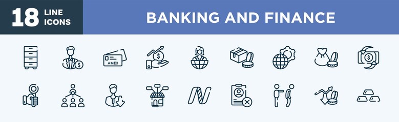 set of banking and finance icons in outline style. banking and finance thin line icons collection. cabinet, investors, , stock market, entrepreneur, packages vector.