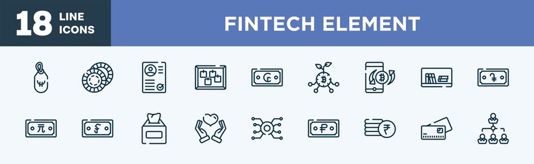 set of fintech element icons in outline style. fintech element thin line icons collection. influencer, problem solving, chance, visitor, sport clothes, flowchart vector.