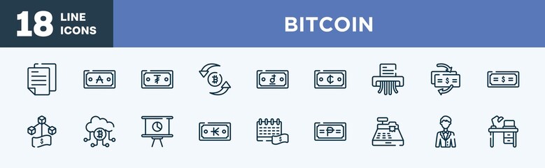 set of bitcoin icons in outline style. bitcoin thin line icons collection. digital, mechanic stairs, criminal, graph line, mailman, viral marketing vector.
