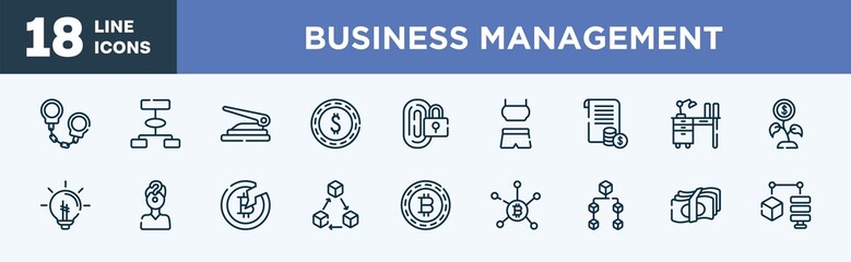 set of business management icons in outline style. business management thin line icons collection. anonymity, bid, stack, encryption, convert, identification card vector.