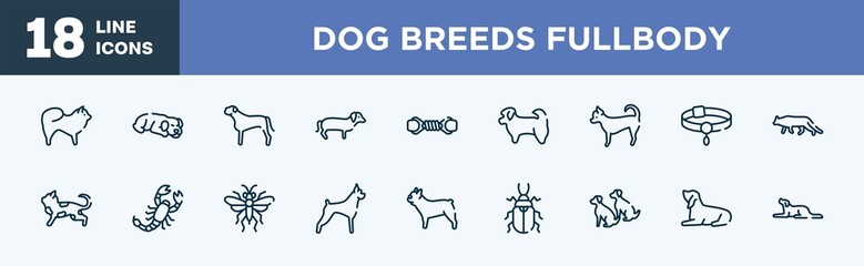 set of dog breeds fullbody icons in outline style. dog breeds fullbody thin line icons collection. chow chow, dog sleeping, bullmastiff, dachshund, pet toy, shih tzu vector.