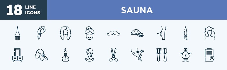 set of sauna icons in outline style. sauna thin line icons collection. hair dye brush, woman with long hair, curled black long female hair shape, face mask, mustache, pressure vector.