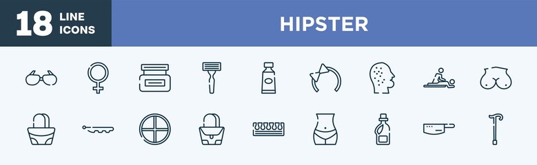 set of hipster icons in outline style. hipster thin line icons collection. sun glasses, femenine, hair cream, shaving razor, toothpaste, hair tie vector.