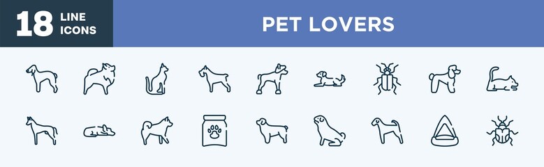set of pet lovers icons in outline style. pet lovers thin line icons collection. bedlington terrier, pomeranian, egyptian cat, miniature schnauzer, chinese crested, dog lying vector.