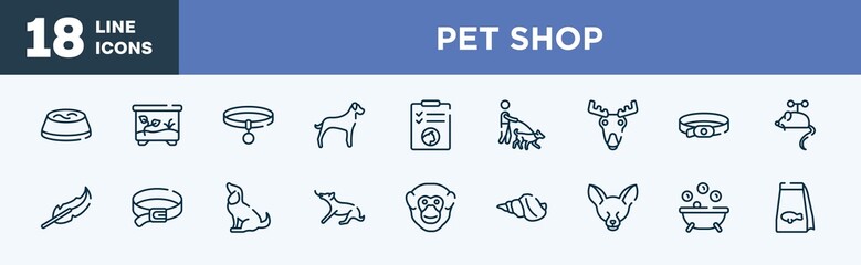 set of pet shop icons in outline style. pet shop thin line icons collection. water bowl, terraraium, collar, great dane, cat health list, dog walker vector.