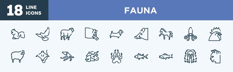 set of fauna icons in outline style. fauna thin line icons collection. sitting squirrell, flying dove, black sheep, hog head, dog with long ears, boar head vector.