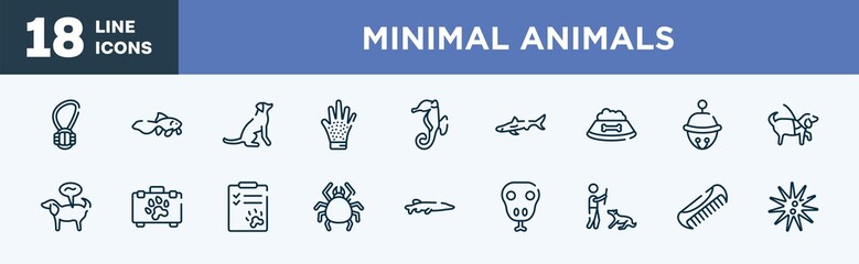 set of minimal animals icons in outline style. minimal animals thin line icons collection. rope toy, gold fish, dog seatting, grooming glove, sea horse, big shark vector.