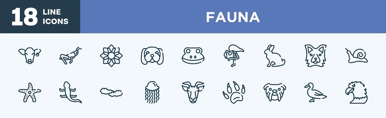 set of fauna icons in outline style. fauna thin line icons collection. cow head, grasshopper sitting, angular flower, null, frog head, flamingo with leg up vector.