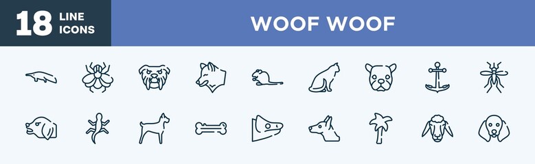 set of woof woof icons in outline style. woof thin line icons collection. sitting anteater, big fly, angry bulldog face, wolf head, sitting mouse, sitting cat vector.