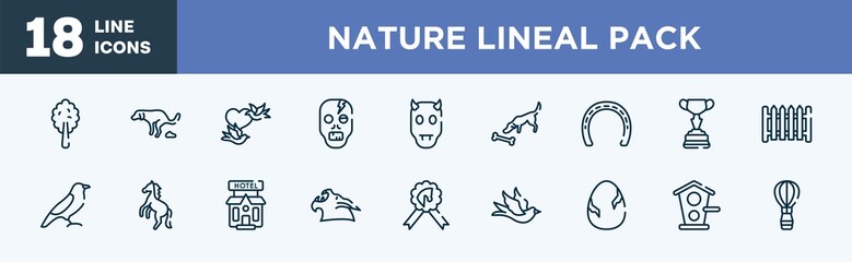 set of nature lineal pack icons in outline style. nature lineal pack thin line icons collection. plain tree, dog shitting, birds couple, zombie, devil, dog smelling a bone vector.