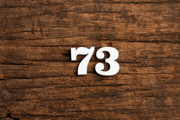 Number 73 in wood, isolated on rustic background
