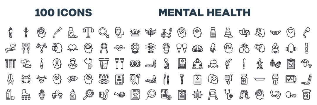 set of mental health icons in editable thin line style. mental health outline icons collection. allergic, denture, fluid, health check, sphygmomanometer, medical tape stock vector.