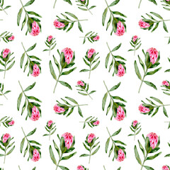 Seamless pattern with watercolor hand-painted exotic flowers of protea and leaves. It is well suited for designer wallpaper, fabric printing, wrapping paper, fabric, laptop covers, notebooks.