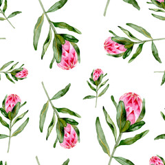 Seamless pattern with watercolor hand-painted exotic flowers of protea and leaves. It is well suited for designer wallpaper, fabric printing, wrapping paper, fabric, laptop covers, notebooks.