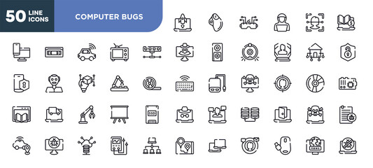 Fototapeta na wymiar set of computer bugs icons in trendy outline style. computer bugs thin line icons collection. solid state drive, fraud, webinar, database storage, backdoor, attack, corrupt file vector.