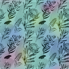 Seamless pattern of protea, various wildflowers and leaves on a colored background. It is well suited for designer wallpaper, fabric printing, wrapping paper, notebooks. black butterfly dark green