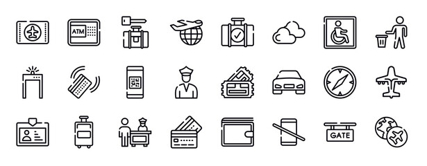 airport and travel thin line icons collection. airport and travel editable outline icons set. wheelchair accessible, use bin, metal detector gate, check in with card, qr code scan, customs police