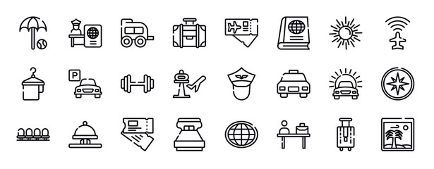 vacation thin line icons collection. vacation editable outline icons set. spring sun, airport flight info, hanger with a towel, parking hotel, gym dumbbell, airport stock vector.
