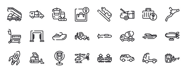 transportation thin line icons collection. transportation editable outline icons set. lost and found, brakes, airport cart, carwash hine, sea scooter, backhoe stock vector.