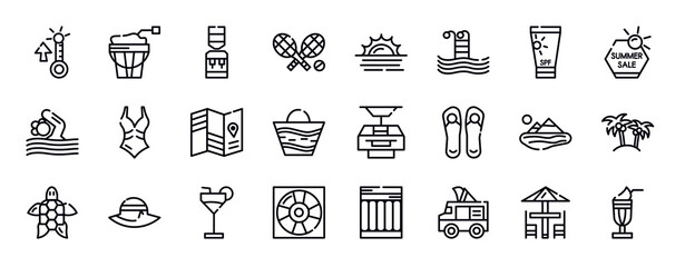 summer thin line icons collection. summer editable outline icons set. sunscreen, summer sale, swimming person, swimsuit, travel guide, beach bag stock vector.