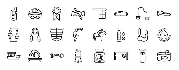 fisherman thin line icons collection. fisherman editable outline icons set. resistance band, soccer boots, substitution, handgrip, abs, head hitting stock vector.