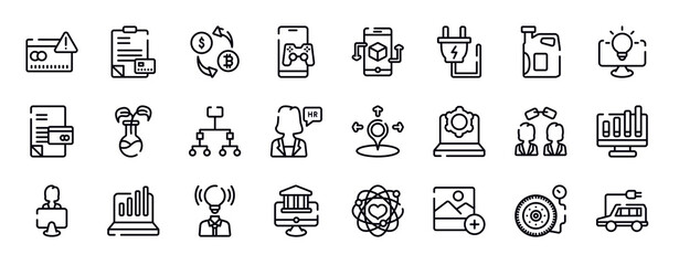 Fototapeta na wymiar general thin line icons collection. general editable outline icons set. engine oil, business intelligence, credit history, bio technology, information architecture, hr manager stock vector.