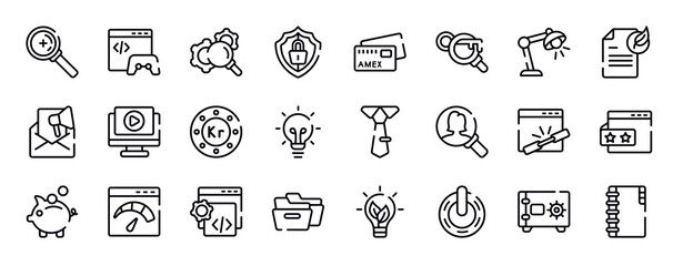 marketing and seo thin line icons collection. marketing and seo editable outline icons set. study light, fresh content, marketing email, play video, null, big light bulb stock vector.