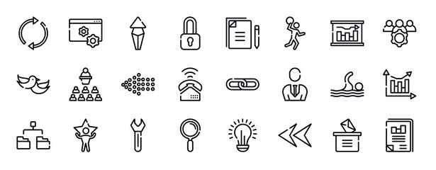 project management thin line icons collection. project management editable outline icons set. graphical report, team management, love bird, seminar, left dots arrow, ringing stock vector.