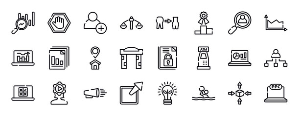 seo and marketing thin line icons collection. seo and marketing editable outline icons set. hiring, area chart, online graph, diagram files, home address, welcome gate stock vector.
