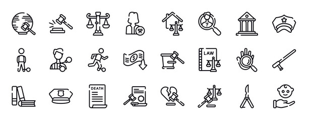 law and justice thin line icons collection. law and justice editable outline icons set. court, police hat, convict, criminal, escape, bankruptcy stock vector.