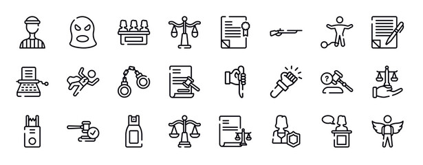 law and justice thin line icons collection. law and justice editable outline icons set. guilty, wills and trusts, stenographer, crime scene, criminal law, documents stock vector.