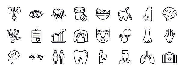 Fototapeta na wymiar dentist thin line icons collection. dentist editable outline icons set. male e shape of a line, brain body organ, human hand bones, note on a clipboard, increasing bargraph, human with focus on the