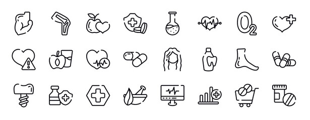 medicine and health thin line icons collection. medicine and health editable outline icons set. oxygen, heart with a plus, disease, diet for health, heart black shape, medicine capsule stock vector.