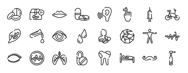 dentist thin line icons collection. dentist editable outline icons set. anesthesia dentist injection diagonal, bicycle healthy transport, fetus in an uterus, test tube, flask and drop of blood,