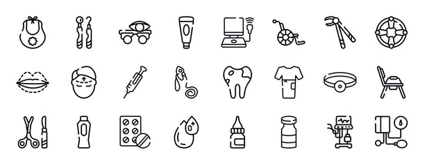 medicine thin line icons collection. medicine editable outline icons set. forcep, life saver, sil, forehead, syringe needle, oxygen mask stock vector.