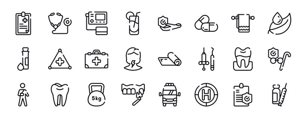 medicine thin line icons collection. medicine editable outline icons set. cloth towel, leaf and drop, test tube and drop, warning triangular, medicine kit with first aid, sore throat stock vector.
