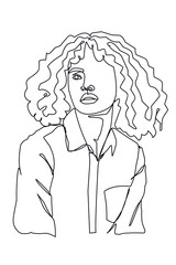 one line art young woman curly hair shirt