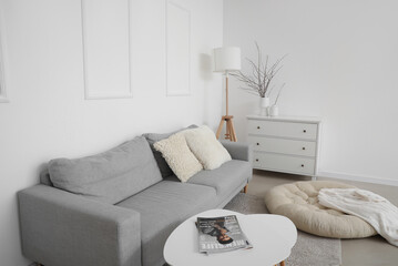 Interior of light living room with grey sofa, standard lamp and commode