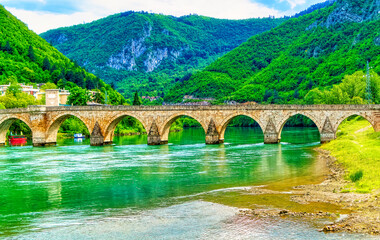 Aerial view over famous Mehmed Pasha Sokolovic Bridge in Visegrad, Bosnia and Herzegovina.