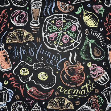 Food and drinks colorful seamless pattern with hand drawn lettering quotes on chalkboard. Pizza, fried eggs, pastry, fruit, coffee, vegetables, smoothie. Pastel drawing illustrations