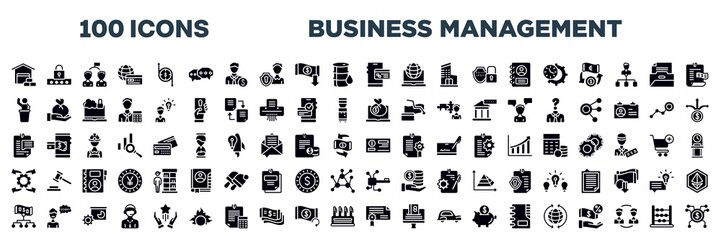 set of business management icons in filled style. editable glyph icons collection. wholesaler, pin code, competitor, payment method, transfering, chat bubble stock vector.