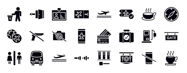 airport and travel filled icons collection. editable vector glyph icons set. cup of hot coffee, compass with white face, travelling globe, no guns, no photography, smartphone airplane mode