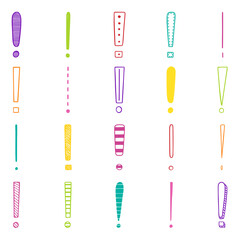 Hand drawn set of exclamation marks doodle. Different punctuation sigs  in sketch style.  Vector illustration isolated on white background.