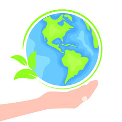 Happy earth day. Earth day concept. Cartoon flat style illustration. Hands holding globe, earth.
