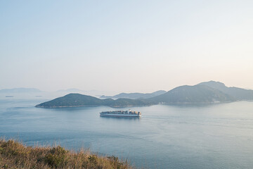 Cargo ship in ocean, Hong Kong, outdoor