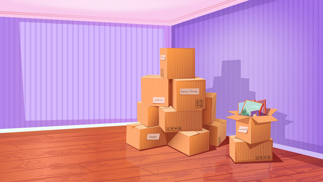 The concept of moving a young family to a new bought house. Parsing boxes with things in the bedroom against the background of purple wallpaper. Rent or repair of premises. Vector illustration. 