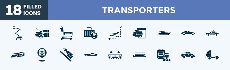 set of transporters icons in filled style. transporters editable glyph icons collection. aerial lift, trunk open, airport cart, lost and found, direct flight vector.