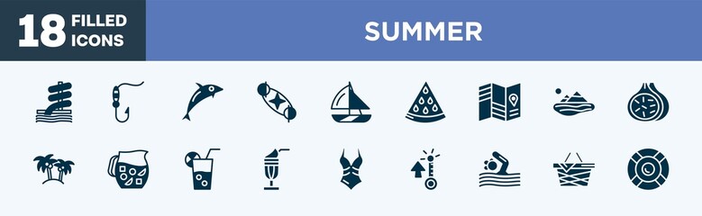 set of summer icons in filled style. summer editable glyph icons collection. aqua park, fish and hook, dolphin on water waves, solstice, yatch boat vector.