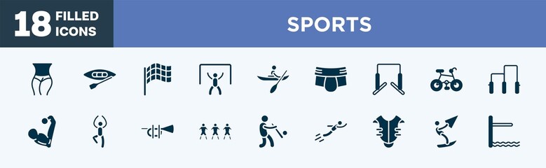 set of sports icons in filled style. sports editable glyph icons collection. slim body, canoeing, race flag, goalie, kayaking vector.